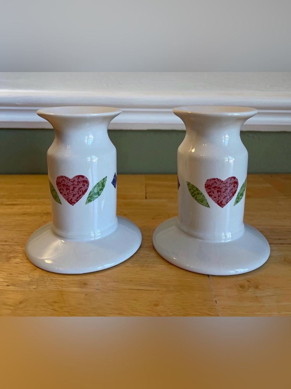 Corningware White Candle Holders set Quilt Heart pattern 4” /1994